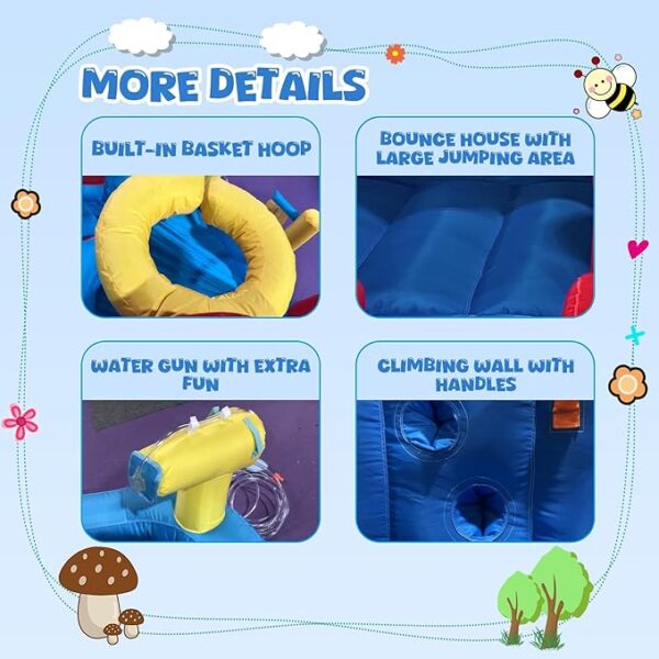 6-in-1 Bounce House Inflatable Water Slide for Kids, Toddler Park with Splash Pool, Indoor Backyard Safe Bouncy Castle, Climbing Wall, Trampoline, Water Cannon, Basket, Air Blower Included - Image 9