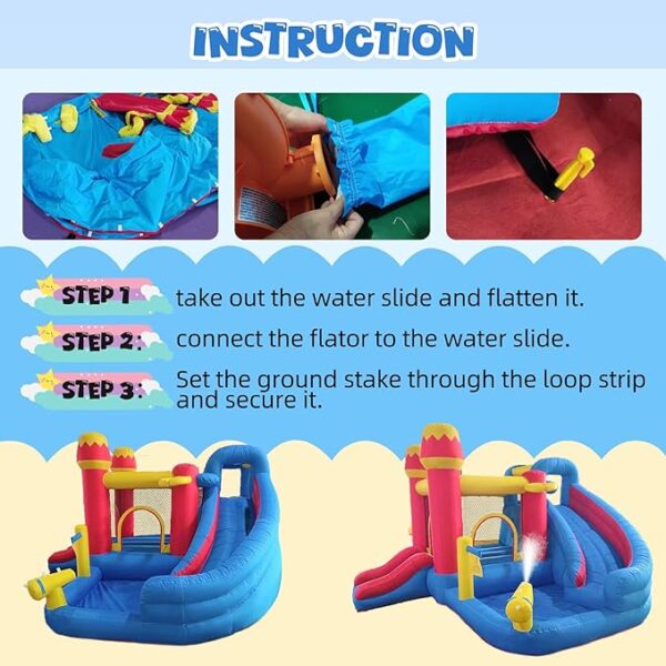 6-in-1 Bounce House Inflatable Water Slide for Kids, Toddler Park with Splash Pool, Indoor Backyard Safe Bouncy Castle, Climbing Wall, Trampoline, Water Cannon, Basket, Air Blower Included - Image 8