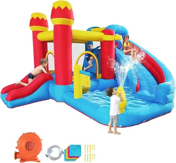 6-in-1 Bounce House Inflatable Water Slide for Kids, Toddler Park with Splash Pool, Indoor Backyard Safe Bouncy Castle, Climbing Wall, Trampoline, Water Cannon, Basket, Air Blower Included - Image 2