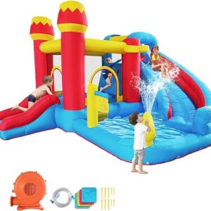 6-in-1 Bounce House Inflatable Water Slide for Kids, Toddler Park with Splash Pool, Indoor Backyard Safe Bouncy Castle, Climbing Wall, Trampoline, Water Cannon, Basket, Air Blower Included