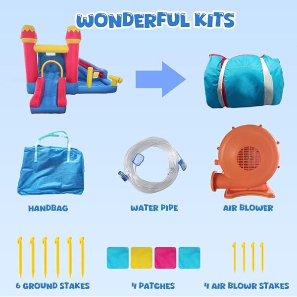 6-in-1 Bounce House Inflatable Water Slide for Kids, Toddler Park with Splash Pool, Indoor Backyard Safe Bouncy Castle, Climbing Wall, Trampoline, Water Cannon, Basket, Air Blower Included - Image 10