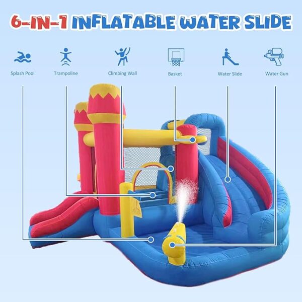 6-in-1 Bounce House Inflatable Water Slide for Kids, Toddler Park with Splash Pool, Indoor Backyard Safe Bouncy Castle, Climbing Wall, Trampoline, Water Cannon, Basket, Air Blower Included - Image 7