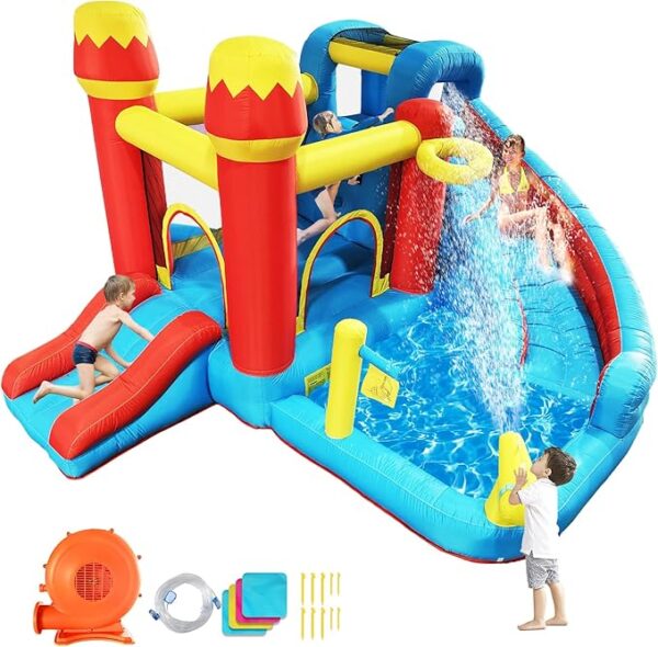 6-in-1 Bounce House Inflatable Water Slide for Kids, Toddler Park with Splash Pool, Indoor Backyard Safe Bouncy Castle, Climbing Wall, Trampoline, Water Cannon, Basket, Air Blower Included - Image 3