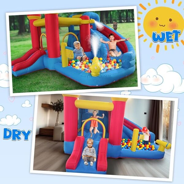 6-in-1 Bounce House Inflatable Water Slide for Kids, Toddler Park with Splash Pool, Indoor Backyard Safe Bouncy Castle, Climbing Wall, Trampoline, Water Cannon, Basket, Air Blower Included - Image 5