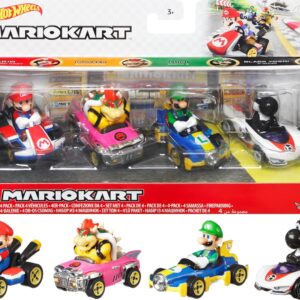 Hot Wheels Mario Kart Set of 4 Die-Cast Toy Cars with Attached Character Drivers