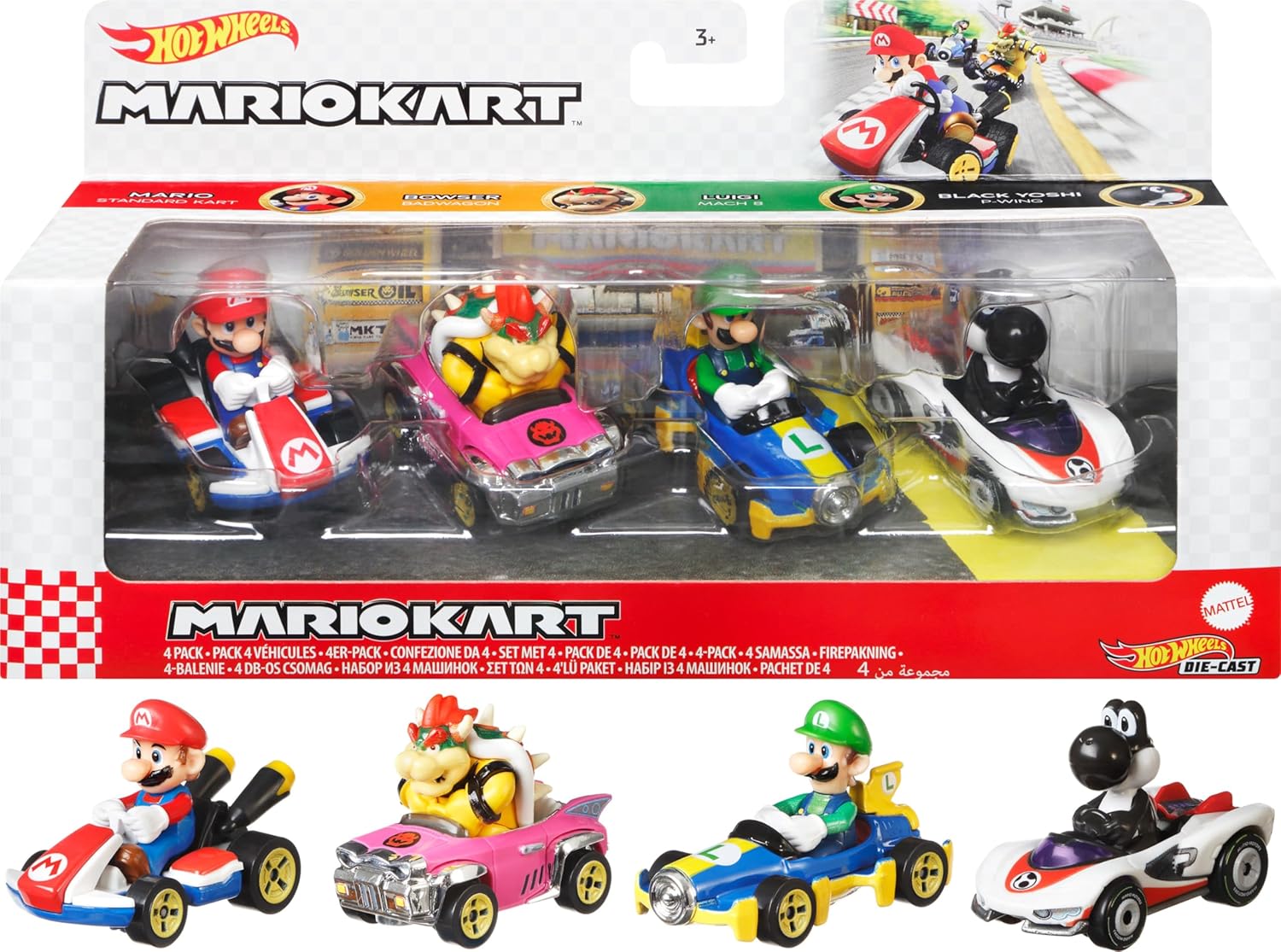 Hot Wheels Mario Kart Set of 4 Die-Cast Toy Cars with Attached Character Drivers